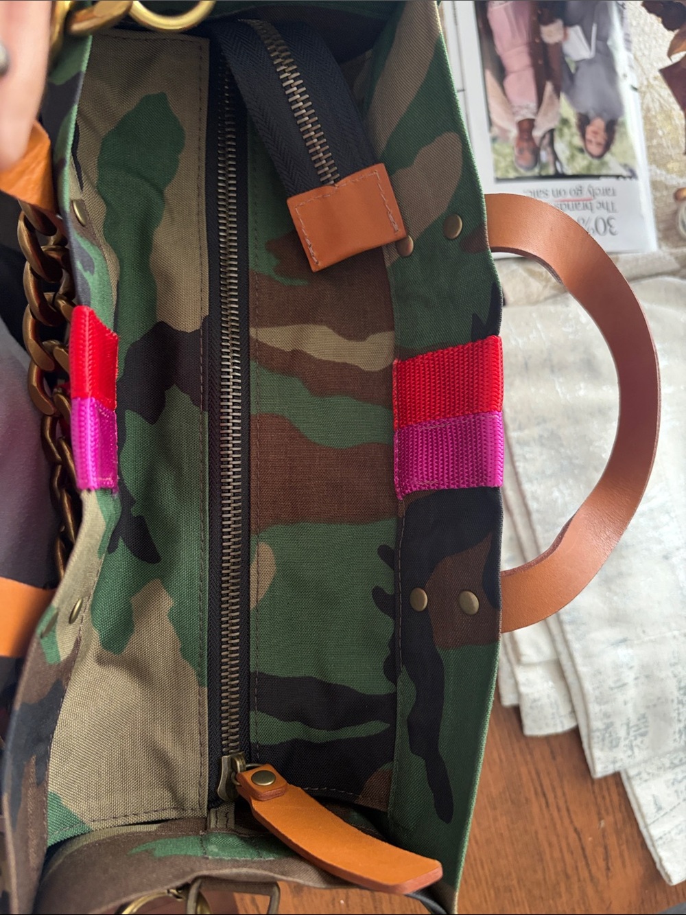 Camouflage Tote with Pink and Red Center Stripe and Gold Chain Accent - Picture 3 of 7